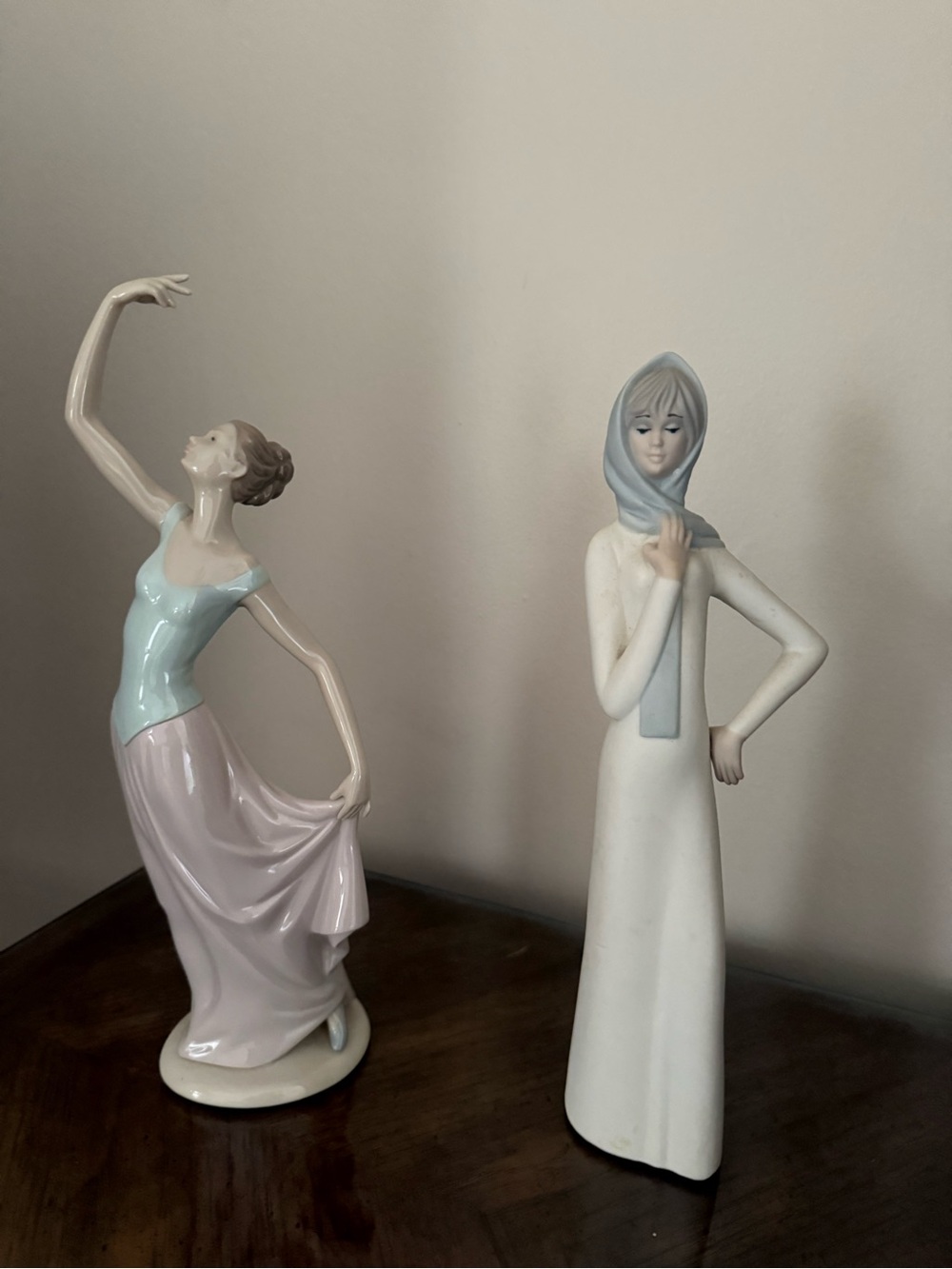 Ceramic Figurine Set - Pastel Ballerina and Hooded Woman